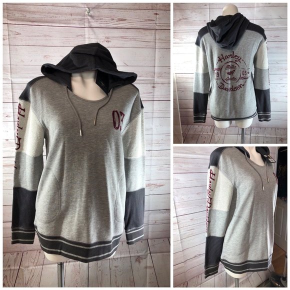 Harley-Davidson Tops - Harley-Davidson Women Med Color Block Gray Terry Pullover Hoodie 1903 Motorcycle